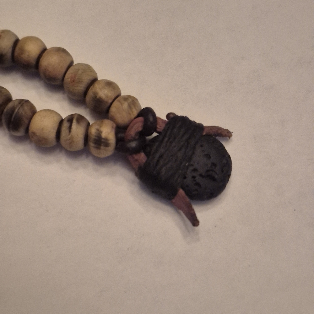 Wooden African Beaded Necklace with Black Volcanic Stone